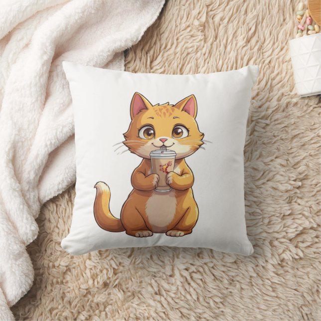 Kitten Sipping Coffee Throw Pillow (Blanket)