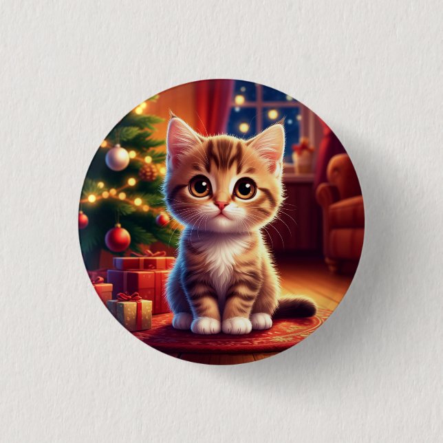 Kitten Sitting Beside Glowing Christmas Tree Button (Front)