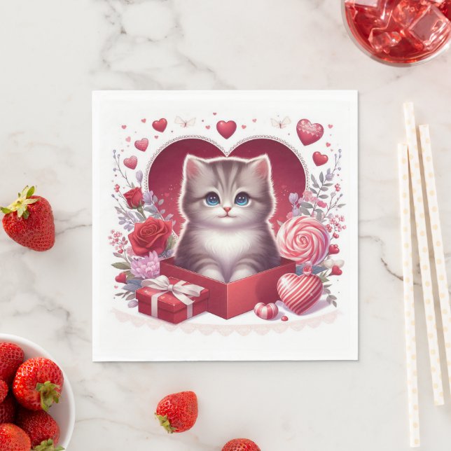 Kitten Sitting in Box With Flowers and Gifts Napkins (Insitu)