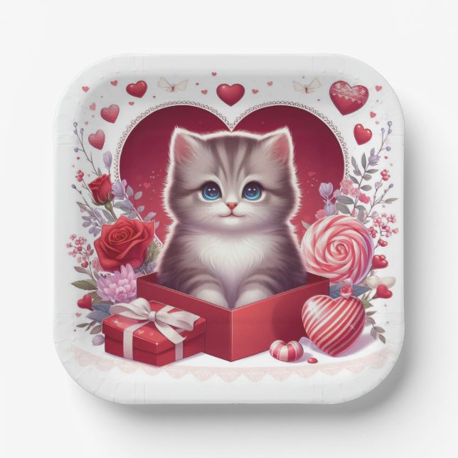 Kitten Sitting in Box With Flowers and Gifts Paper Plates (Front)