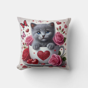 Kitten Sitting in Cup Valentine's Day Throw Pillow