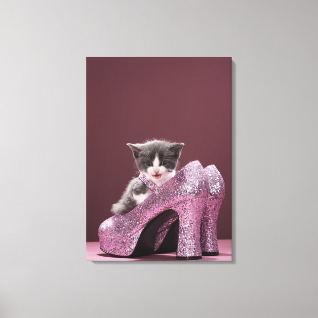 Kitten sitting in glitter shoes canvas print (Front)