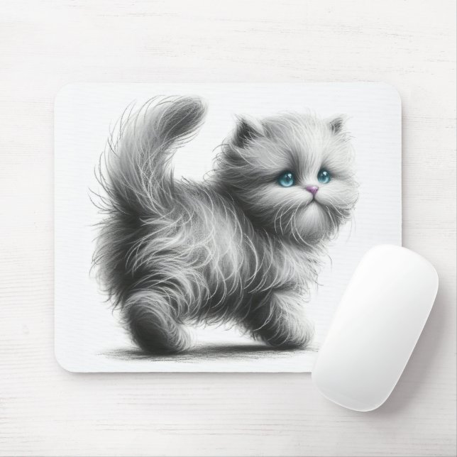 Kitten Sketch On White Mouse Pad (With Mouse)