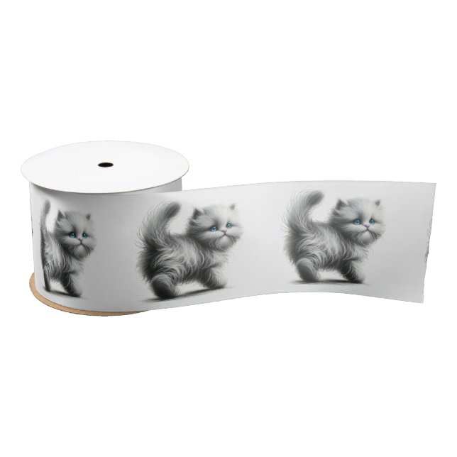 Kitten Sketch On White Satin Ribbon (Spool)