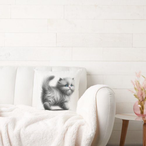 Kitten Sketch On White Throw Pillow