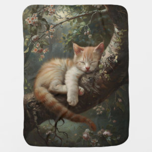 Kitten Sleeping in a Tree Vintage Baby Blanket