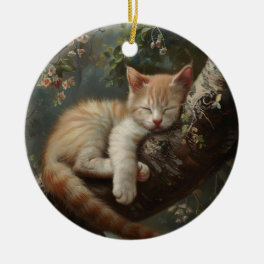 Kitten Sleeping in a Tree Vintage Ceramic Ornament