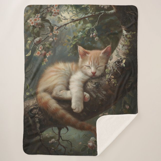 Kitten Sleeping in a Tree Vintage Sherpa Blanket (Front)