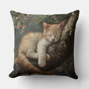 Kitten Sleeping in a Tree Vintage Throw Pillow