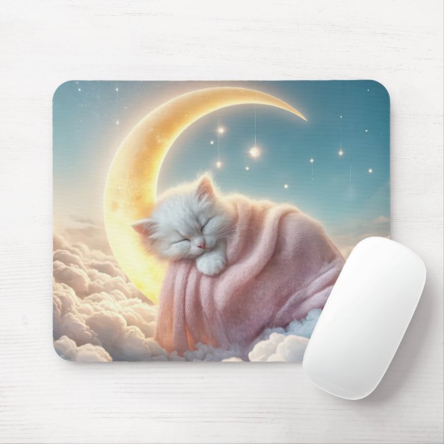 Kitten Sleeping On a Crescent Moon Mouse Pad (With Mouse)