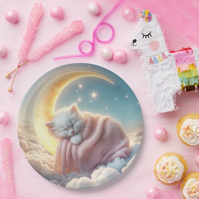 Kitten Sleeping On a Crescent Moon Paper Plates (Party)