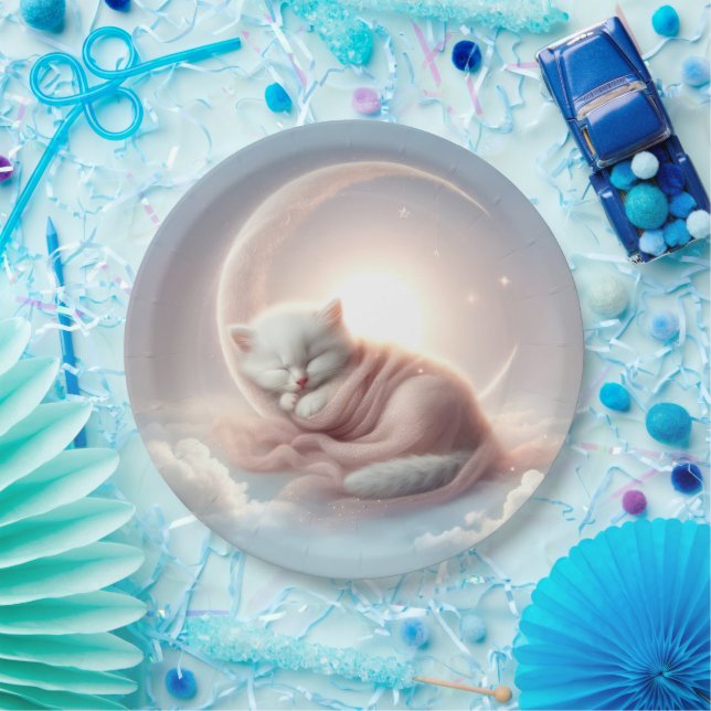 Kitten Sleeping On a Crescent Moon Paper Plates (Party)