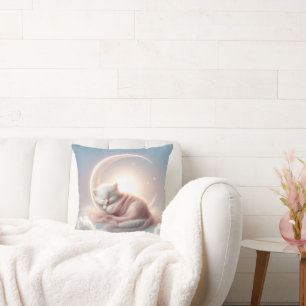 Kitten Sleeping On a Crescent Moon Throw Pillow