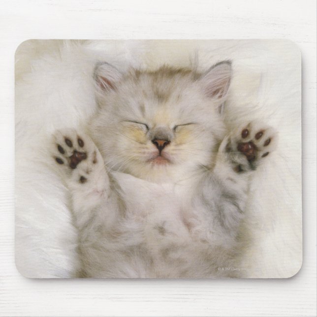 Kitten Sleeping on a White Fluffy Carpet, High Mouse Pad (Front)