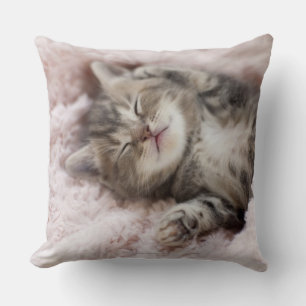 Kitten Sleeping on Towel Throw Pillow
