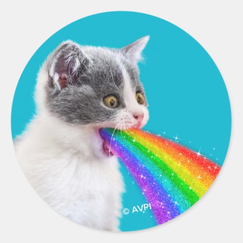 Kitten Spits Up Rainbow Classic Round Sticker