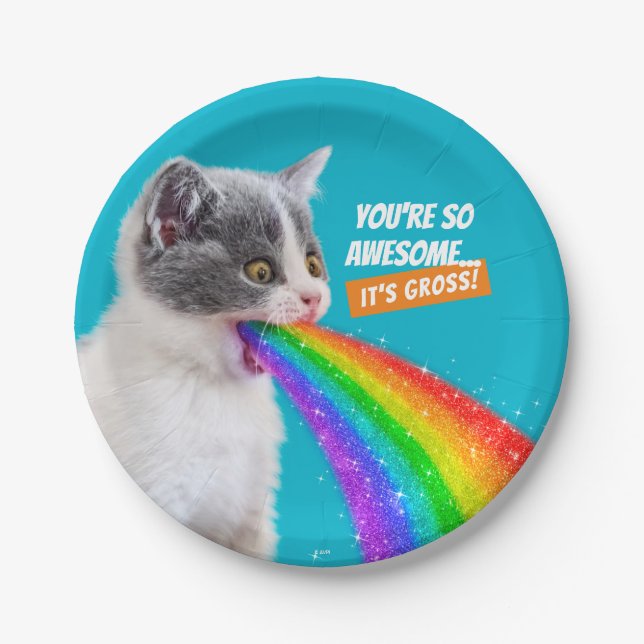 Kitten Spits Up Rainbow Paper Plates (Front)