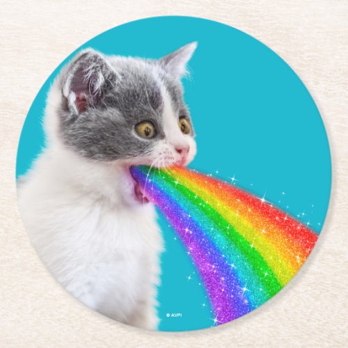 Kitten Spits Up Rainbow Round Paper Coaster