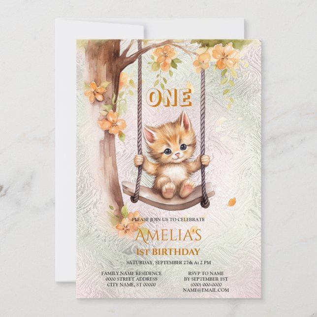Kitten Swing 1st Birthday Party Invitation (Front)