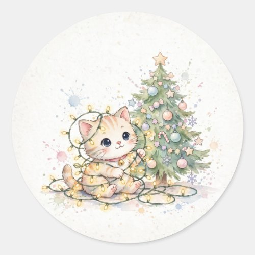 Kitten Tangled in Christmas Lights Classic Round Sticker
