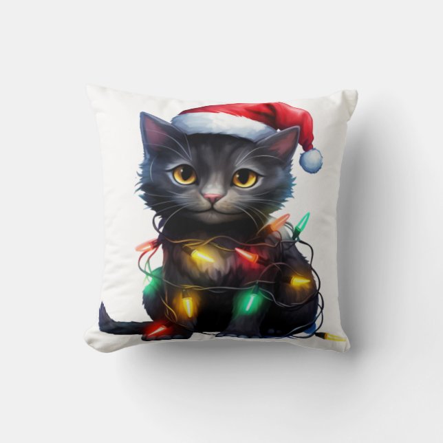 Kitten Tangled In Lights Throw Pillow (Front)