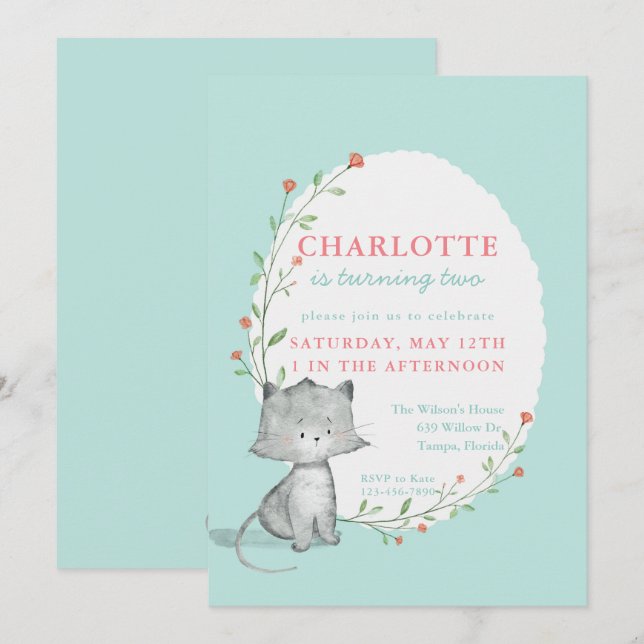 Kitten Teal Floral Birthday Party Invitation (Front/Back)