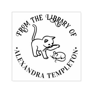 Kitten Toying with Mouse Round Library Book Name Self-inking Stamp