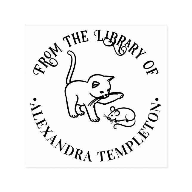 Kitten Toying with Mouse Round Library Book Name Self-inking Stamp (Design)