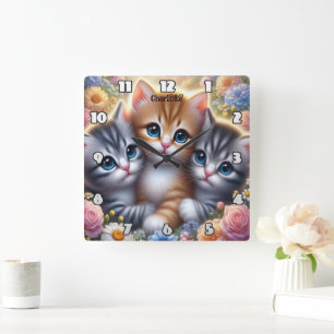 Kitten Trio: Cute, Cuddly, Floral Frame Square Wall Clock