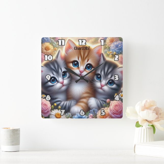 Kitten Trio: Cute, Cuddly, Floral Frame Square Wall Clock (Home)