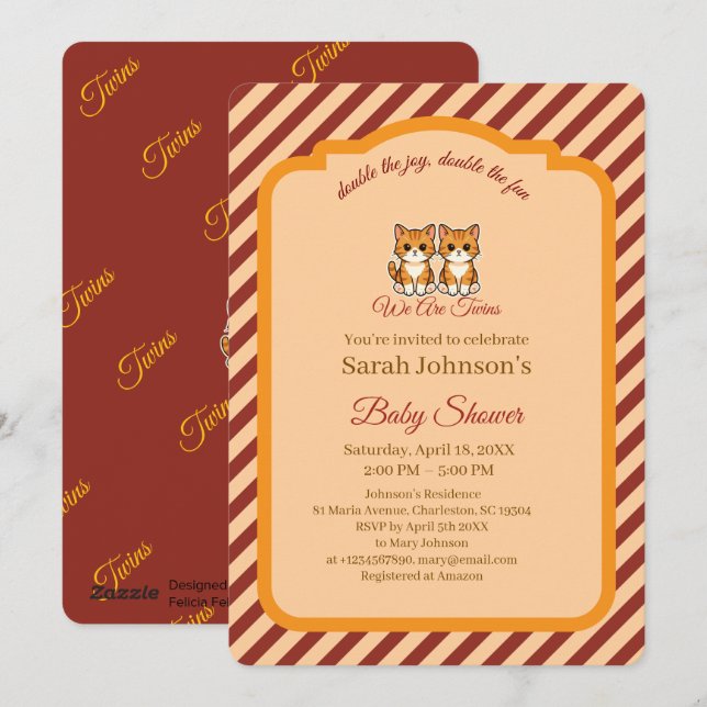 Kitten Twins Baby Shower Orange  Burgundy Stripes Invitation (Front/Back)