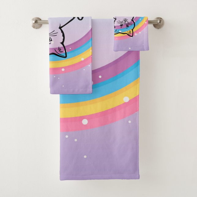 kitten under a rainbow bath towel set (Insitu)