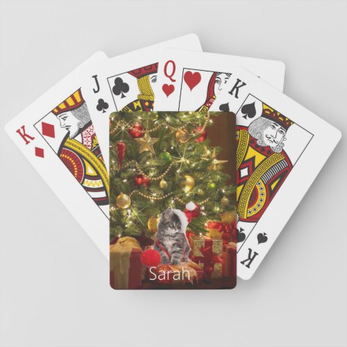 Kitten Under The Tree Personalize Name Christmas  Playing Cards