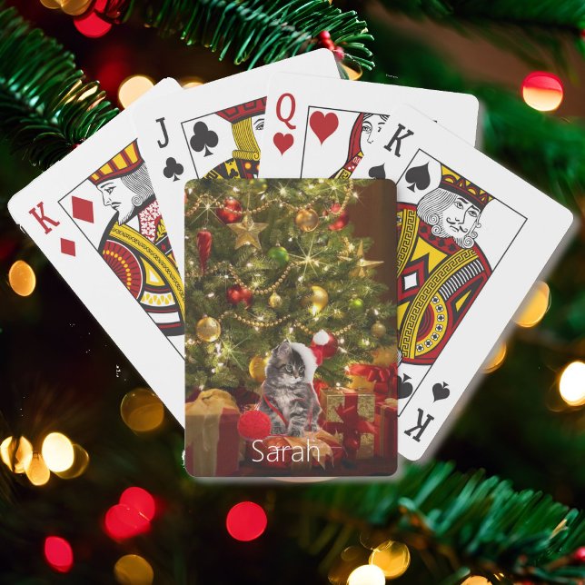 Kitten Under The Tree Personalize Name Christmas  Poker Cards (Creator Uploaded)