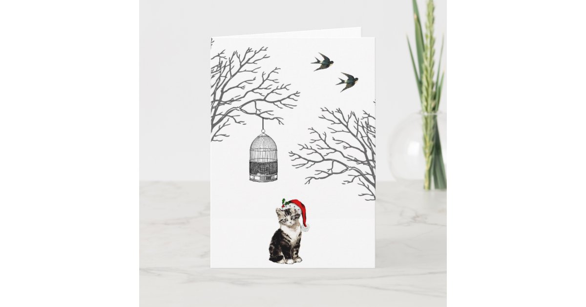Kitten Vintage Birdcage Christmas Card Zazzle