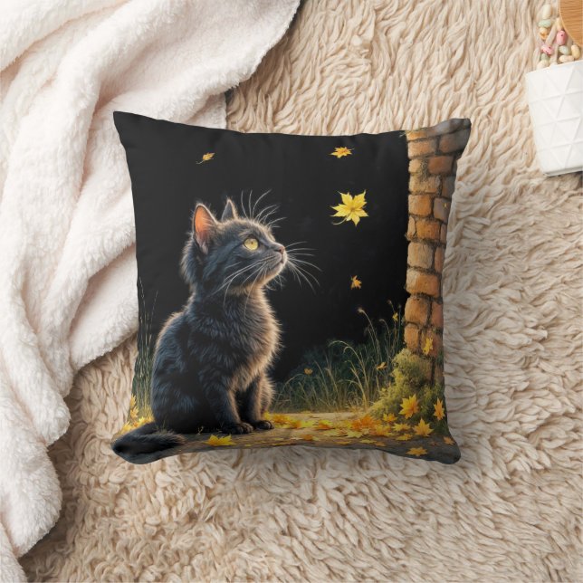 Kitten Watching a Falling Autumn Leaf Throw Pillow (Blanket)