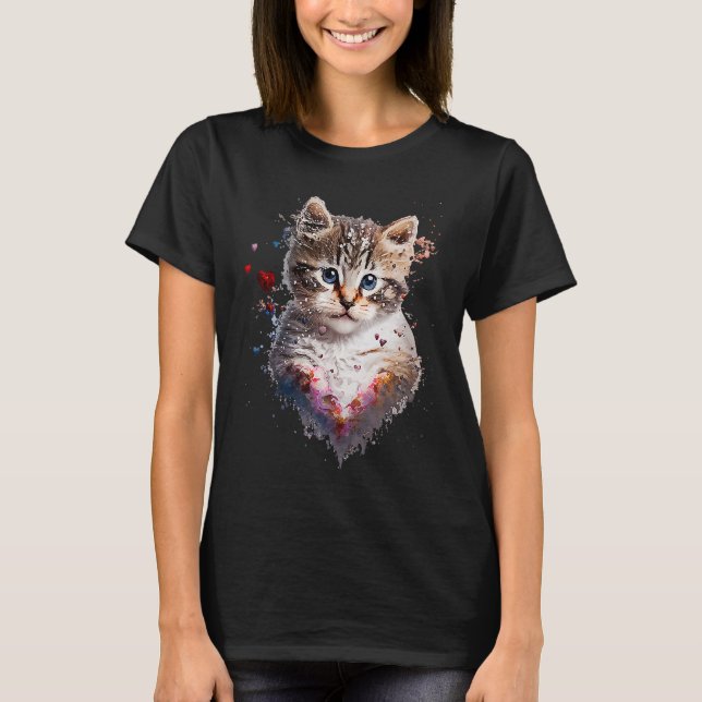 Kitten Watercolor Painting Cat Mom Valentine's Day T-Shirt (Front)