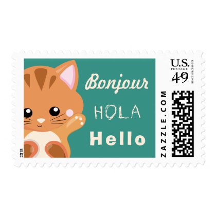 Kitten Waving Hello in French, Spanish and English Postage