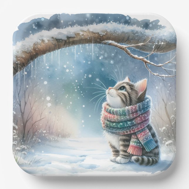 Kitten Wearing a Winter Scarf Paper Plates (Front)