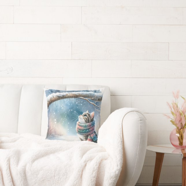 Kitten Wearing a Winter Scarf Throw Pillow (Couch)