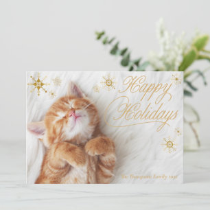 Kitten White Fur Gold Happy Holiday Cards