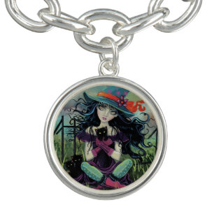 Kitten Witch Halloween Black Cats Fantasy Art Bracelet