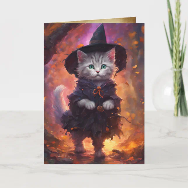 Kitten Witch, Happy Halloween Cute Cat Witch Card | Zazzle