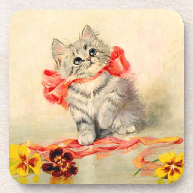 Kitten with a Red Ribbon Beverage Coaster (Front)