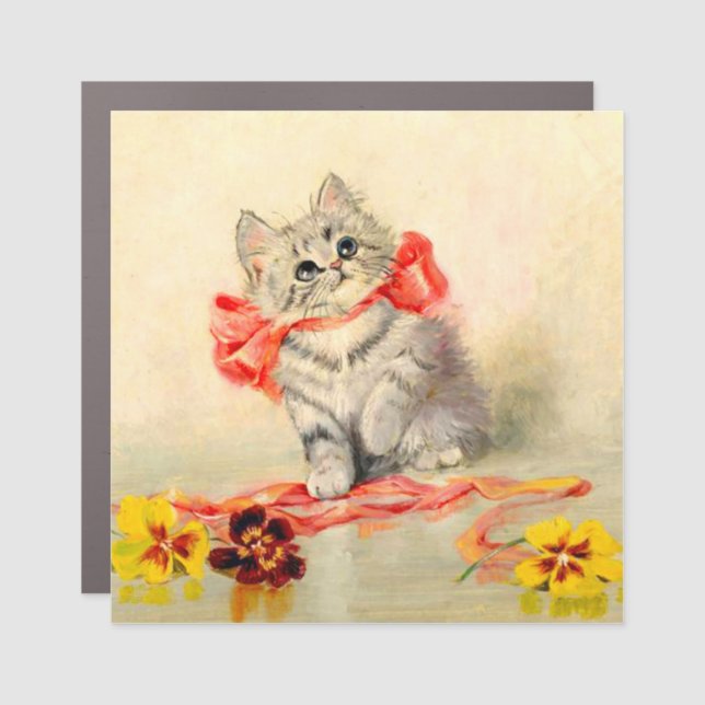 Kitten with a Red Ribbon Car Magnet (Front)