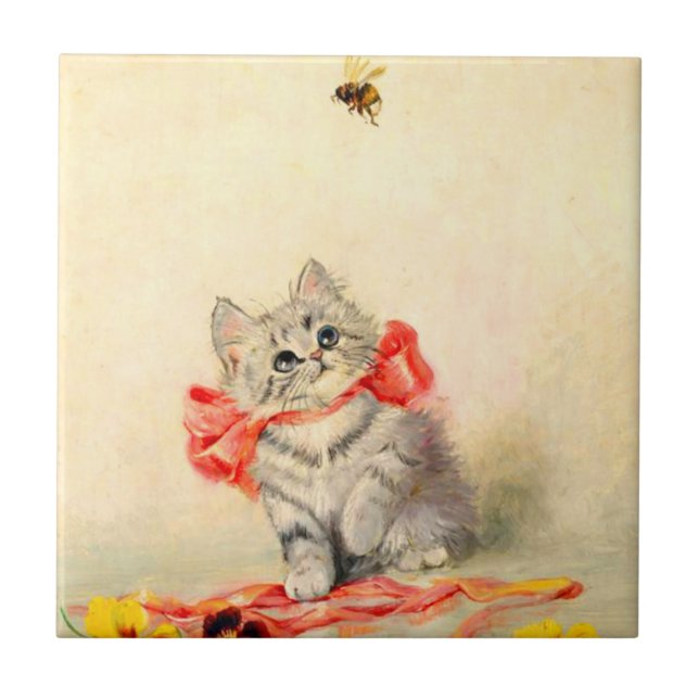Kitten with a Red Ribbon Ceramic Tile (Front)