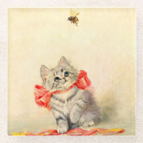 Kitten with a Red Ribbon Glass Coaster