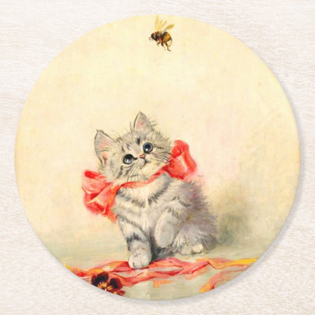Kitten with a Red Ribbon Round Paper Coaster (Front)