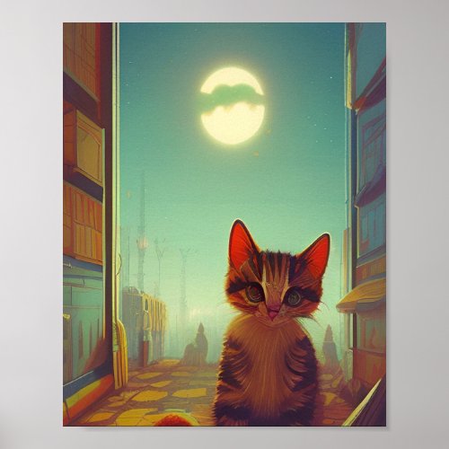 Kitten with big eyes full moon cracked shadow poster