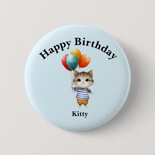 Kitten with Birthday Balloons | Cute Party Celebra Button (Front)
